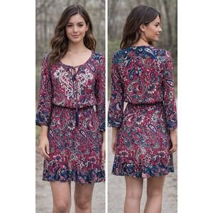 Women's Boho Peasant Embroidered Paisley Print Flying Tomato Mini Dress Size S